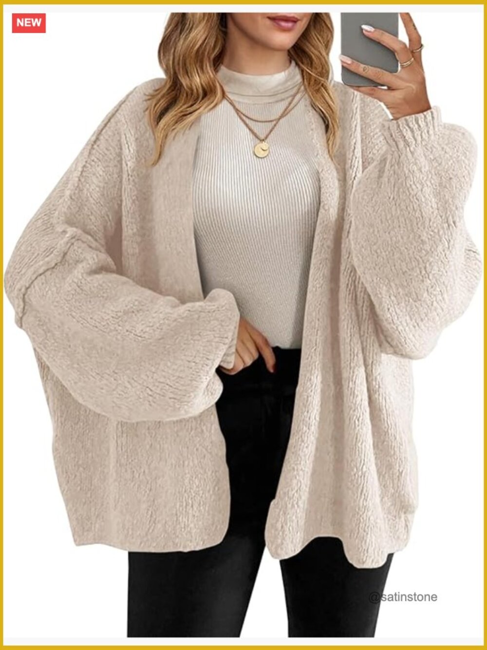 Oversized Cardigan Sweater Open Front Chunky Knit Lantern Sleeve